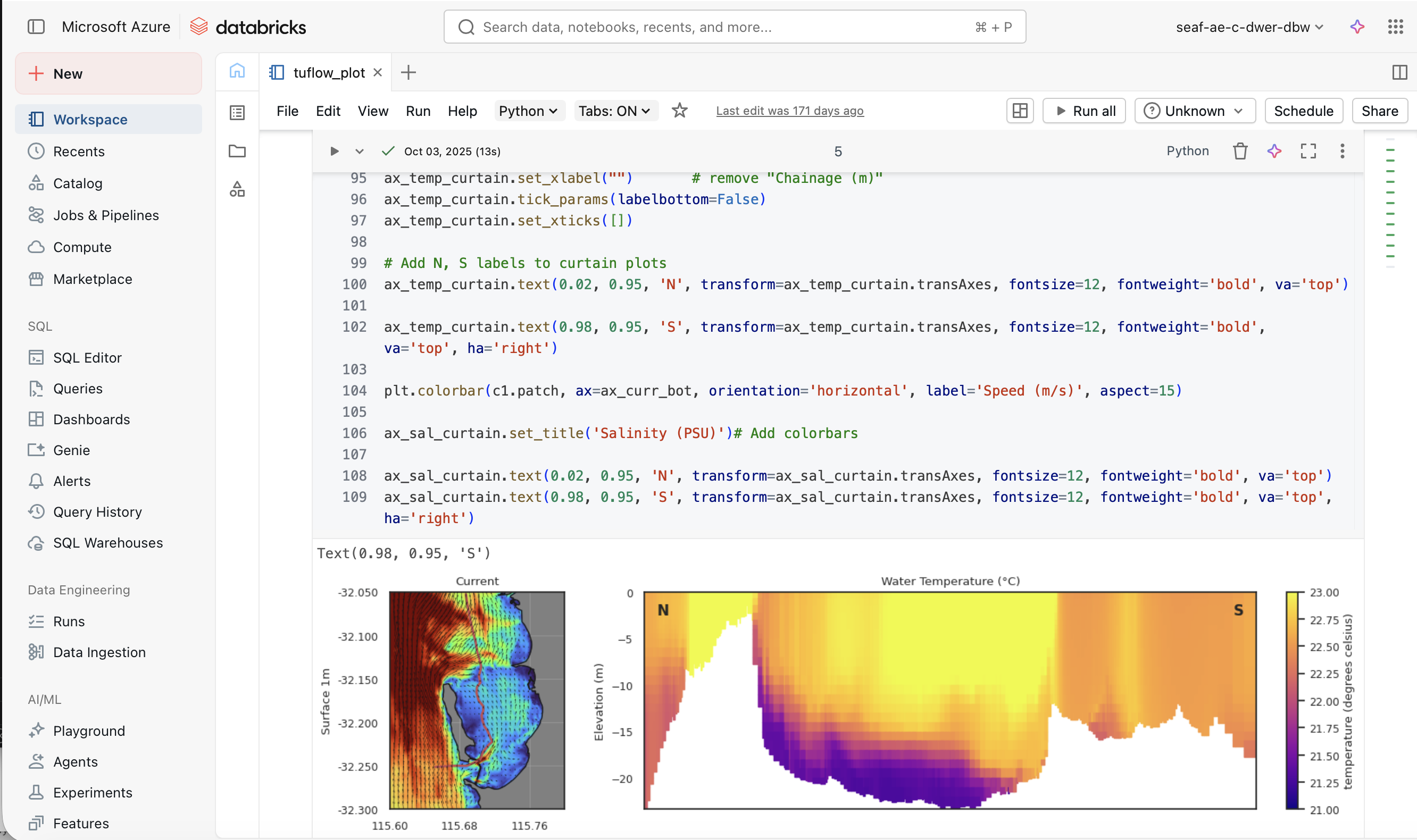 Example of the SEAF-CS Databricks workspace showing a Python notebook for generating curtain plots of current speed and water temperature from CSIEM model output.