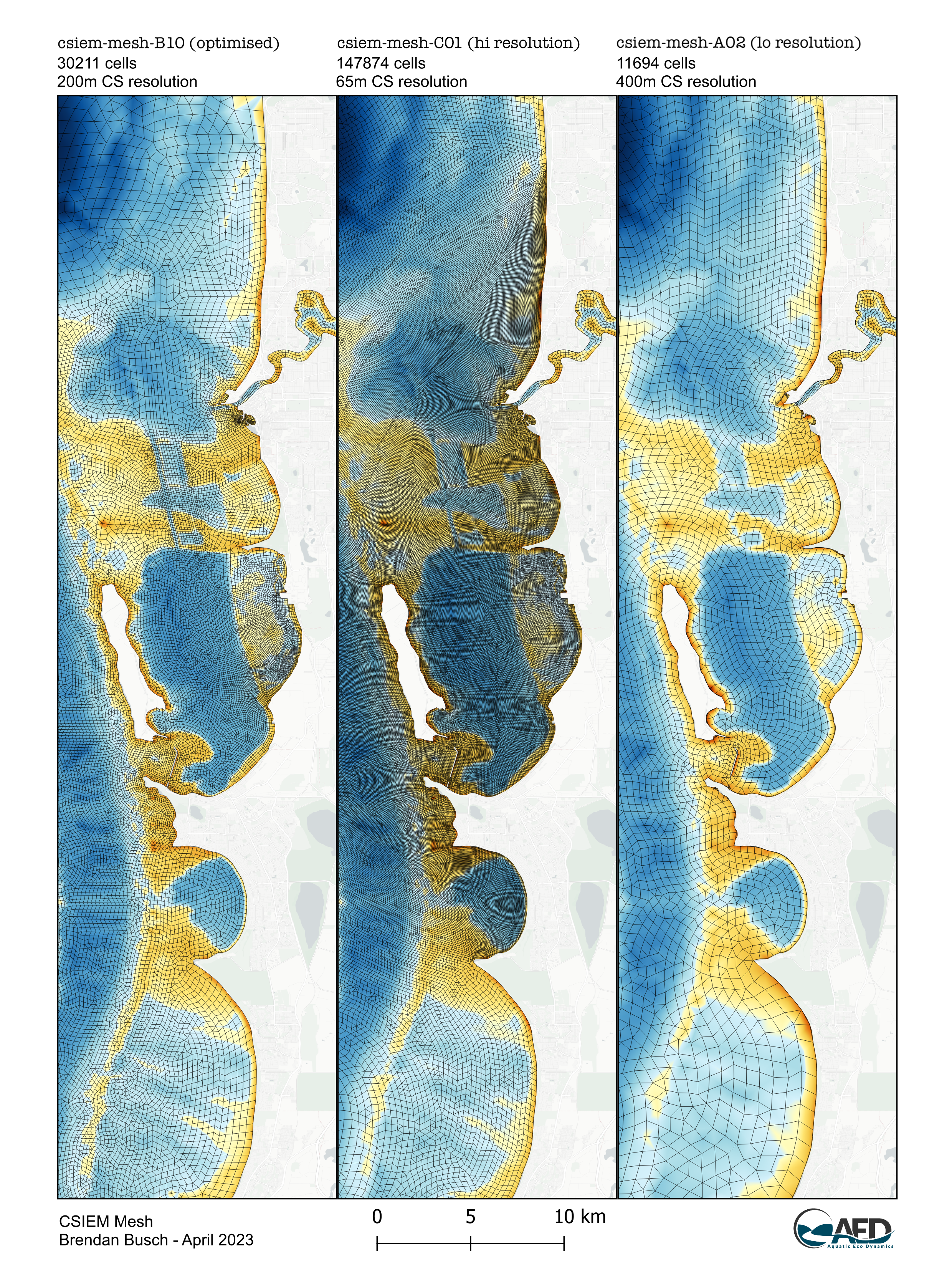 Plan-view of the three base CSIEM model meshes around the Cockburn Sound region, showing the B (optimized), C (fine) options, and A (coarse) mesh options.