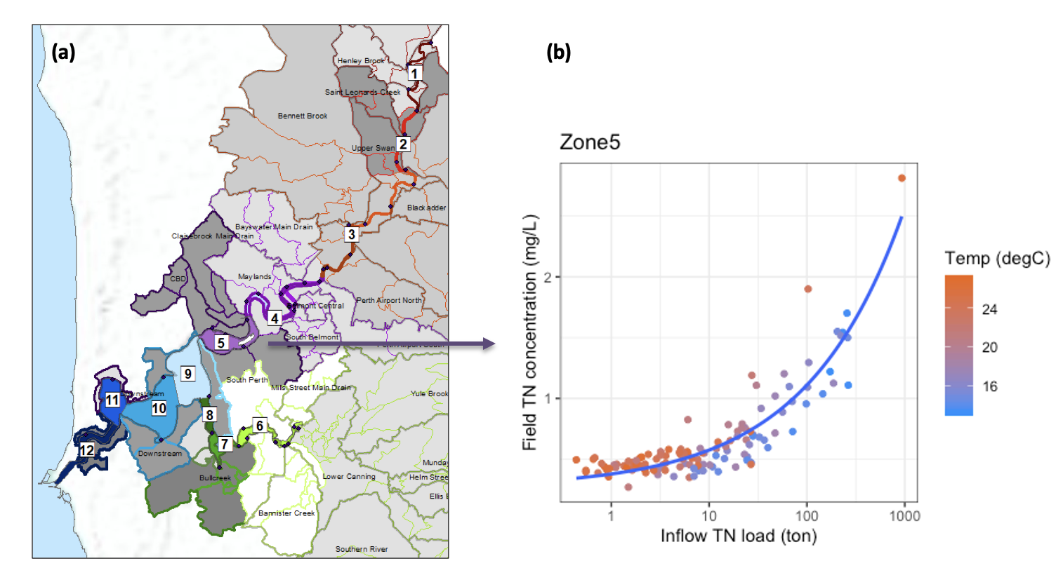 (a) Colour-coded estuary response zones used in prior SCE catchment-estuary modelling, showing (b) the nutrient vs N load contribution from all catchments upstream of zone 5. The CSIEM domain includes zones 9 - 12 within its modelled footprint, and nutrient concentrations in zones 5 and 8 are used to prescribe the concentrations to the inflowing water. Adapted from Paraska et al. (2021).