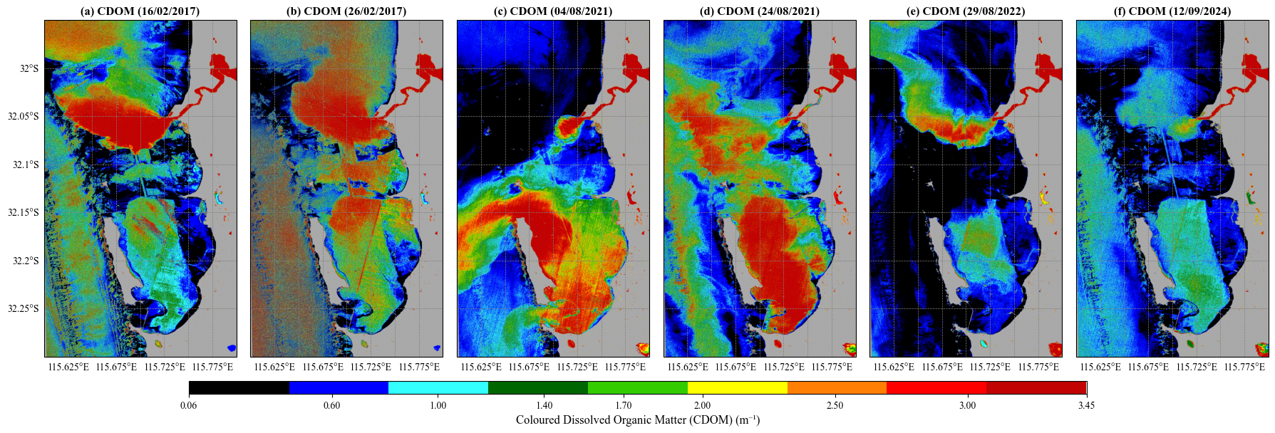Satellite imagery of CDOM coloured water exiting Fremantle, show the pattern of the SCE river plume, for six different dates (a - f). Imagery from the Sentinel-2 platform. Taken from [https://csiemdash-leaflet.seaf.org.au]; follow this link for further images and image processing details.